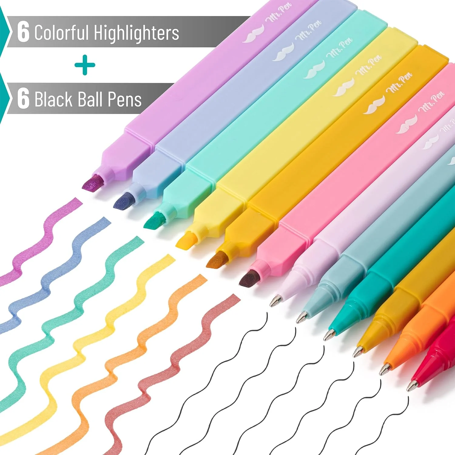 Aesthetic Highlighters & Ballpoint Pens, 12 Pack, Black Ink, No-Bleed, Soft Colors, Chisel Tip + Ballpoint Pens, Journaling & Study Set - Image 18