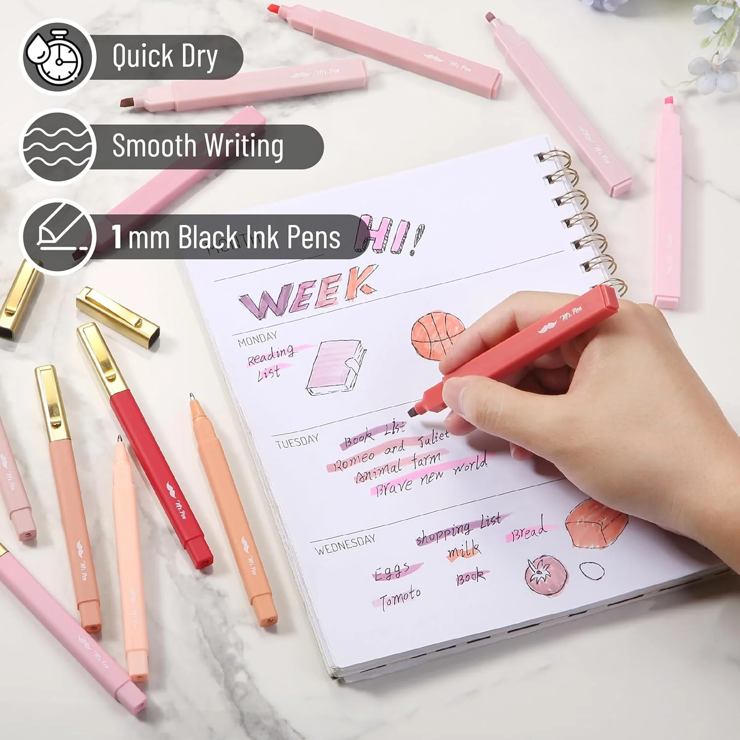 Aesthetic Highlighters & Ballpoint Pens, 12 Pack, Black Ink, No-Bleed, Soft Colors, Chisel Tip + Ballpoint Pens, Journaling & Study Set - Image 27