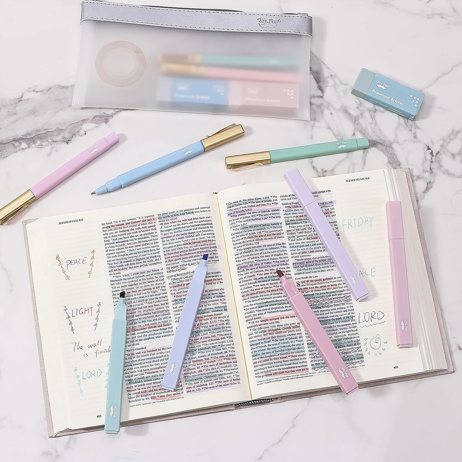 Aesthetic Highlighters & Ballpoint Pens, 12 Pack, Black Ink, No-Bleed, Soft Colors, Chisel Tip + Ballpoint Pens, Journaling & Study Set - Image 4