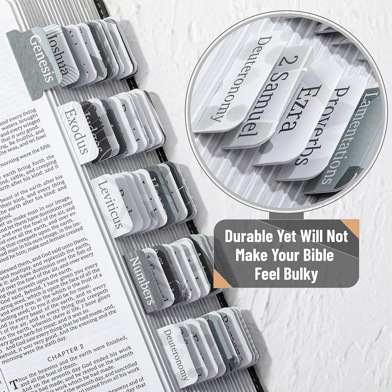 Bible Tabs, 75 Gray Theme, Laminated, Easy Apply, Old & New Testament, Neutral Design - Image 4