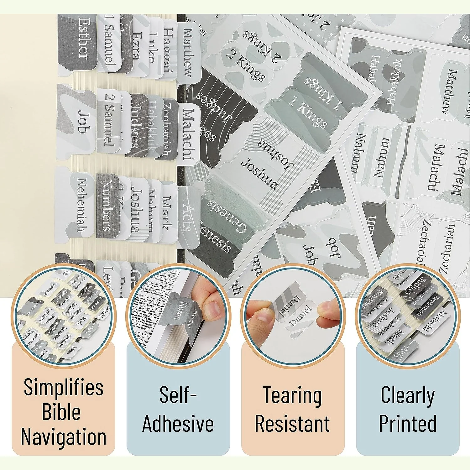 Bible Tabs, 75 Gray Theme, Laminated, Easy Apply, Old & New Testament, Neutral Design - Image 6