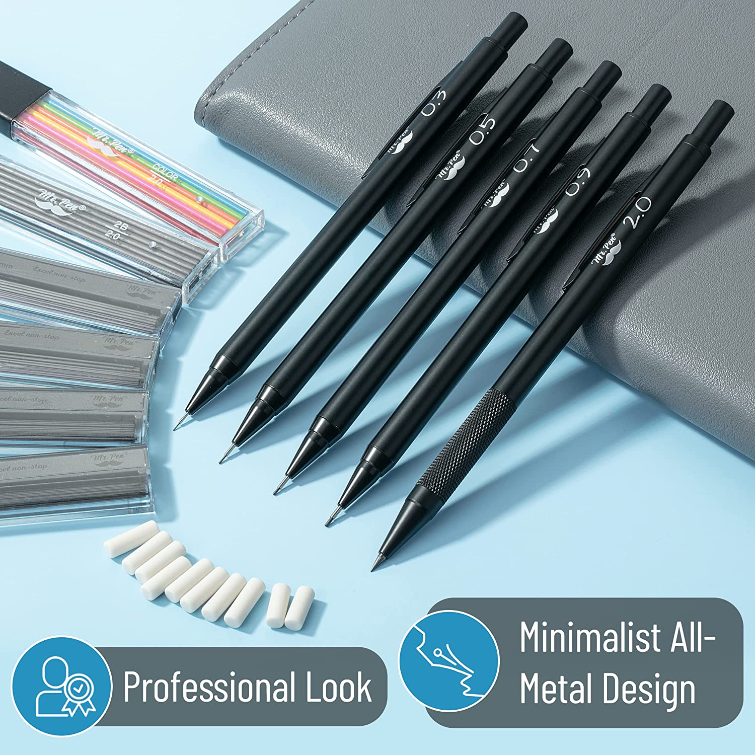 Metal Mechanical Pencil Set with Lead & Eraser Refills, 5 Sizes: 0.3, 0.5, 0.7, 0.9, 2.0 mm - Image 4
