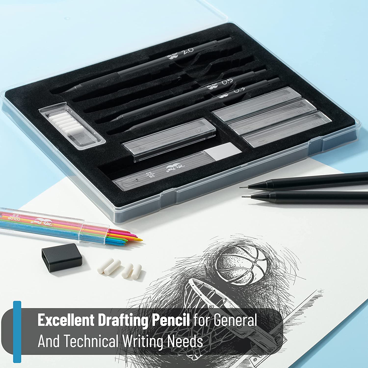 Metal Mechanical Pencil Set with Lead & Eraser Refills, 5 Sizes: 0.3, 0.5, 0.7, 0.9, 2.0 mm - Image 7