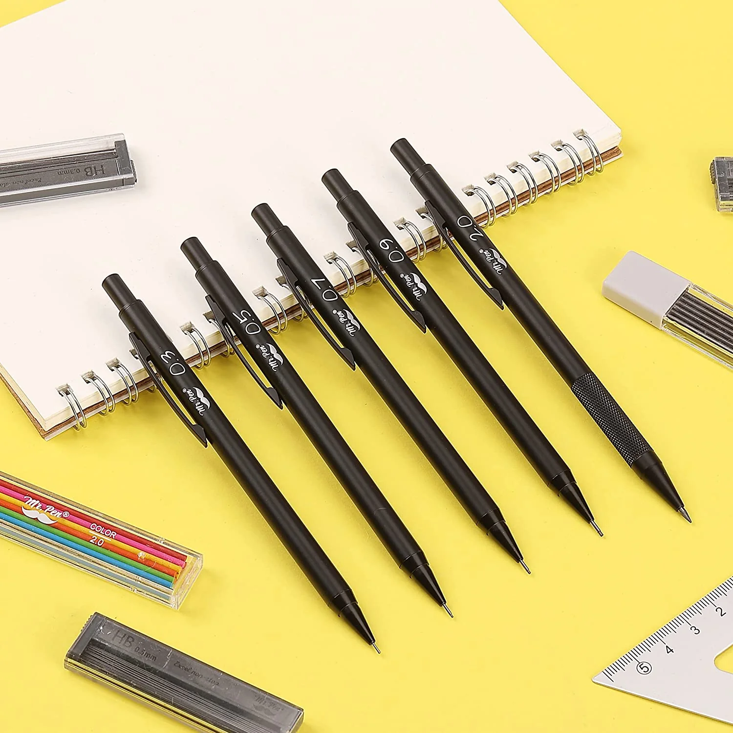 Metal Mechanical Pencil Set with Lead & Eraser Refills, 5 Sizes: 0.3, 0.5, 0.7, 0.9, 2.0 mm - Image 8