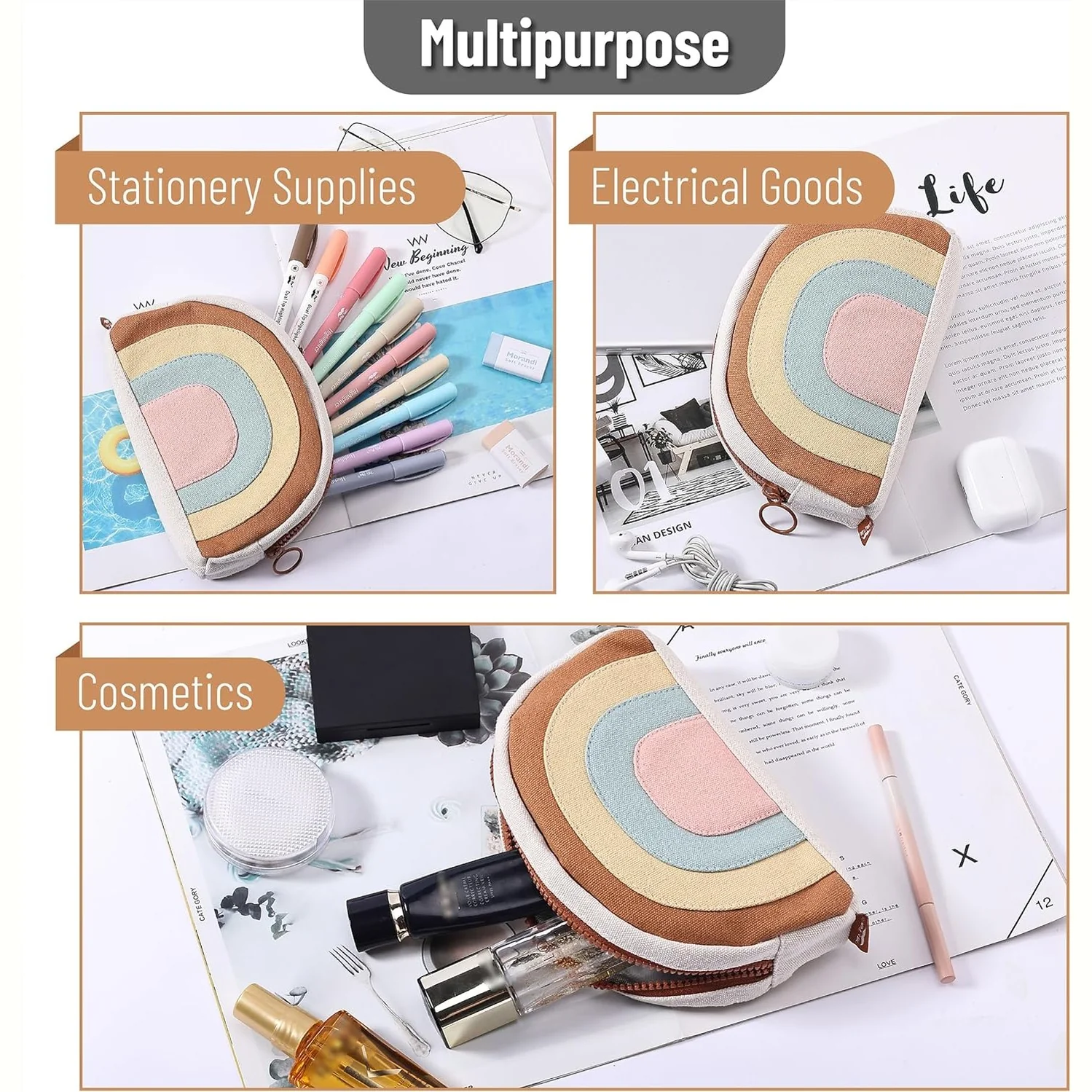 Large Boho Pencil Pouch, Rainbow Canvas Case with Zipper, School & College Supplies - Image 7