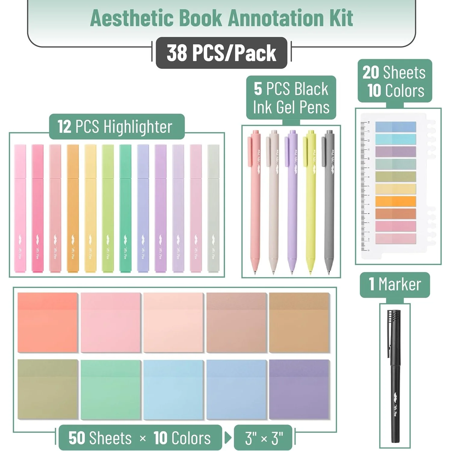 Aesthetic Book Annotation Kit, 38 Pcs, Highlighters, Gel Pens & Sticky Notes Set - Image 8