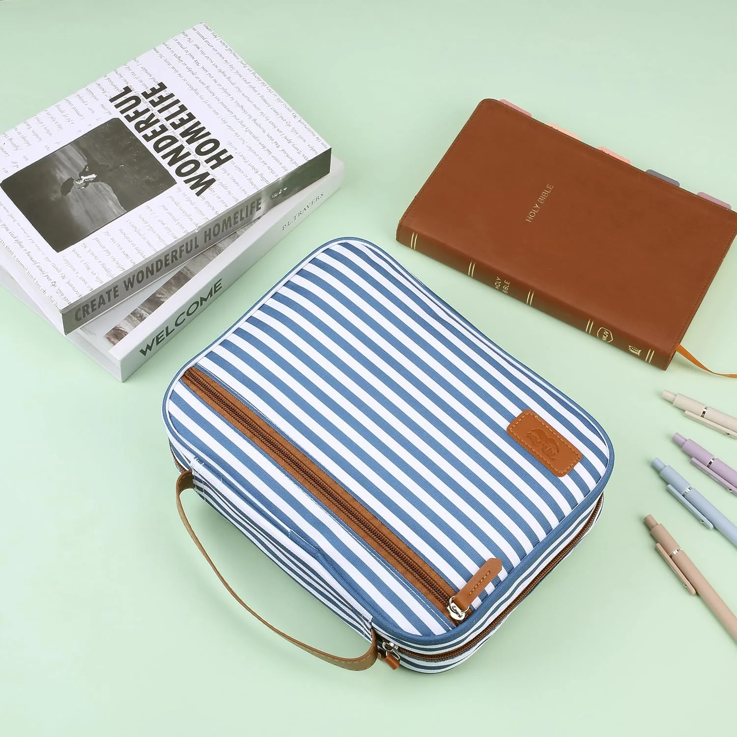 Bible Case with Stripe Pattern, Large Canvas Cover with Handle & Pockets, 11.3" x 9" - Image 7