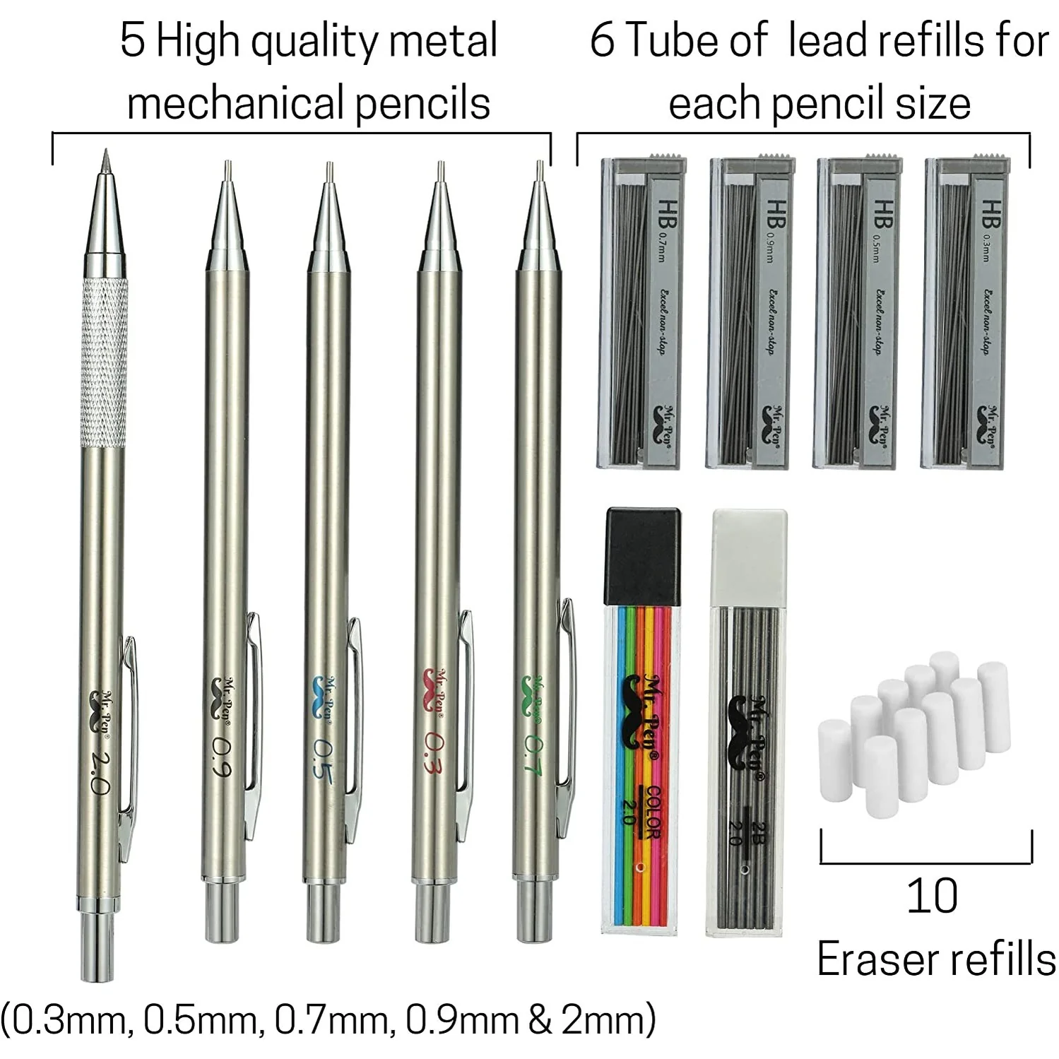 Metal Mechanical Pencil Set with Lead and Eraser Refills, 5 Sizes, 0.3, 0.5, 0.7, 0.9, 2mm, Drafting, Sketching, Architecture, Drawing Metal Mechanical Pencils - Image 10