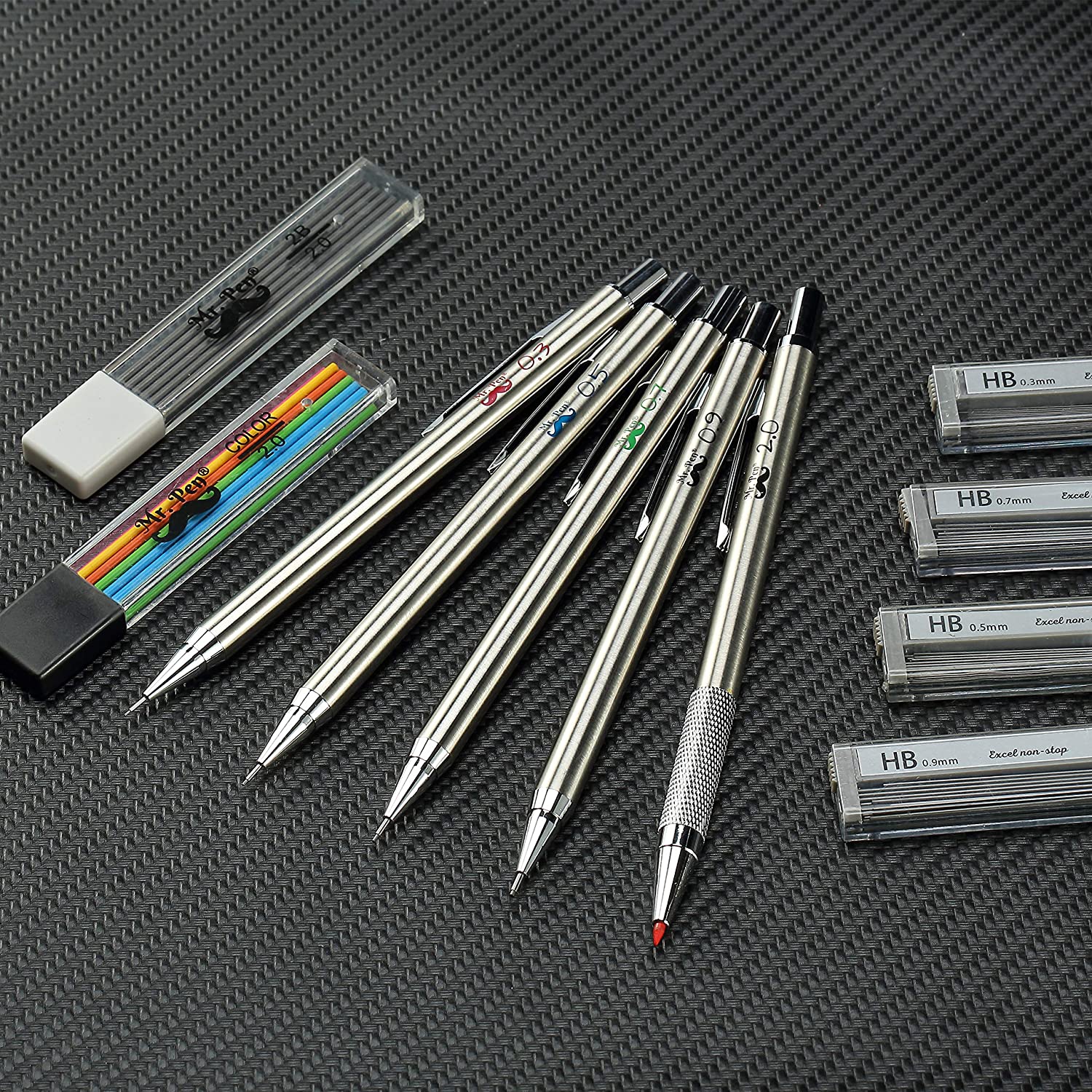 Metal Mechanical Pencil Set with Lead and Eraser Refills, 5 Sizes, 0.3, 0.5, 0.7, 0.9, 2mm, Drafting, Sketching, Architecture, Drawing Metal Mechanical Pencils - Image 16