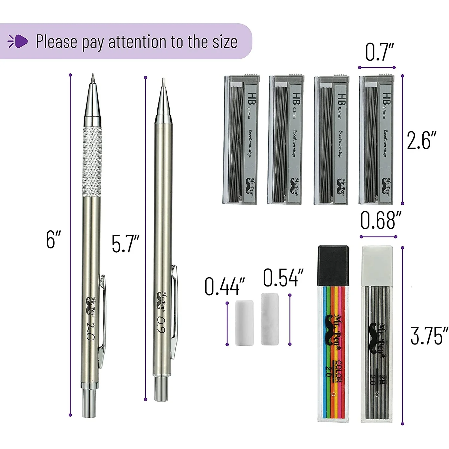 Metal Mechanical Pencil Set with Lead and Eraser Refills, 5 Sizes, 0.3, 0.5, 0.7, 0.9, 2mm, Drafting, Sketching, Architecture, Drawing Metal Mechanical Pencils - Image 3