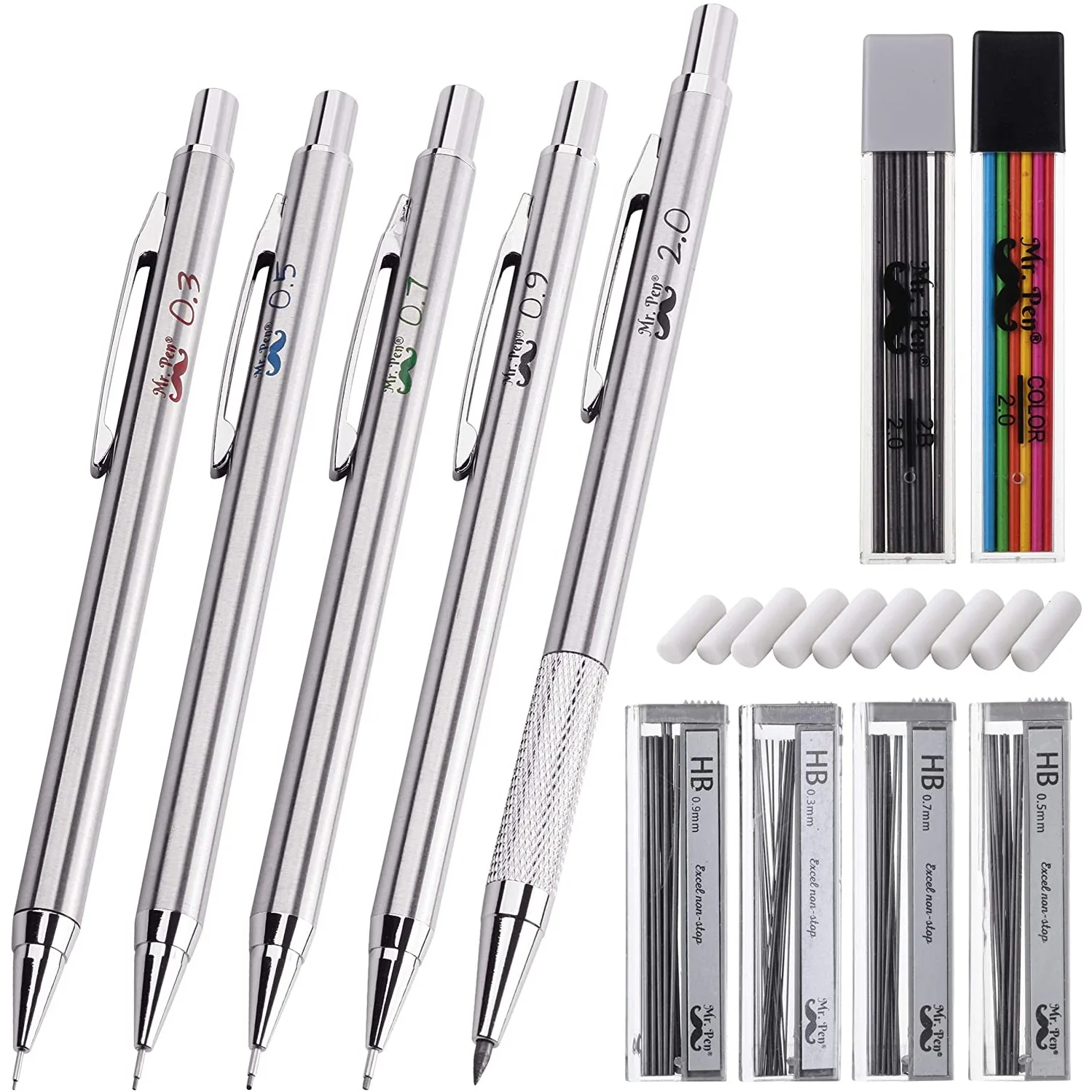 Metal Mechanical Pencil Set with Lead and Eraser Refills, 5 Sizes, 0.3, 0.5, 0.7, 0.9, 2mm, Drafting, Sketching, Architecture, Drawing Metal Mechanical Pencils - Image 6
